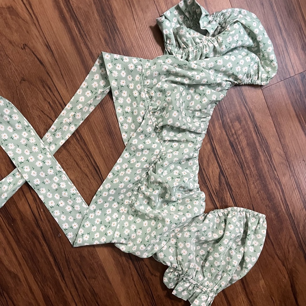 Altar'd State Light Green Floral Off-Shoulder Crop Top